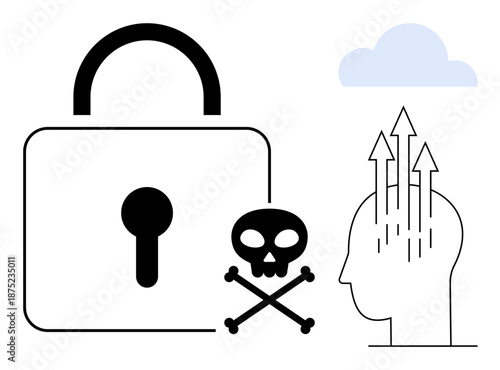 Cybersecurity issues. Cybersecurity ed with a lock and skull signaling threats, alongside mental health with rising arrows from a head. For data protection, digital threats, mental awareness