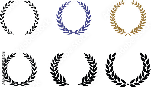 Laurel Wreath Icon set. A hand-drawn collection of laurel wreaths and branches, including laurel wreaths. Featuring elements of herbs, flowers, and plants, these wreaths symbolize awards, achievement.