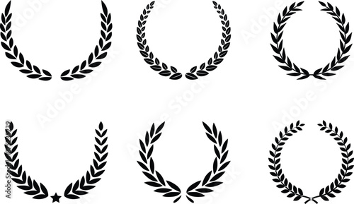 Laurel Wreath Icon set. A hand-drawn collection of laurel wreaths and branches, including laurel wreaths. Featuring elements of herbs, flowers, and plants, these wreaths symbolize awards, achievement.