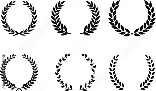 Laurel Wreath Icon set. A hand-drawn collection of laurel wreaths and branches, including laurel wreaths. Featuring elements of herbs, flowers, and plants, these wreaths symbolize awards, achievement.