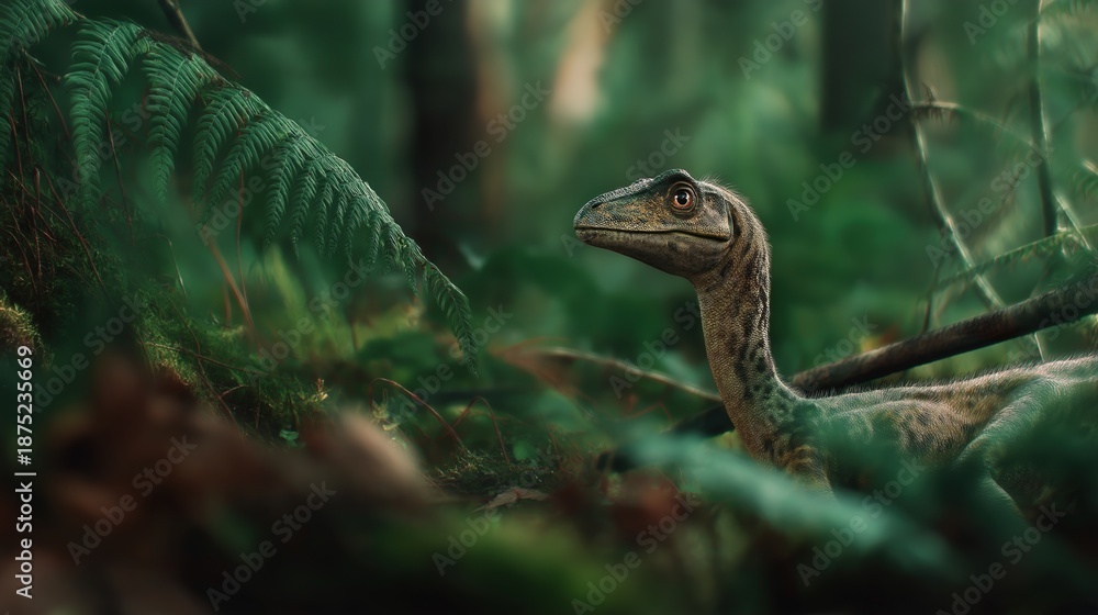 Fototapeta premium Compsognathus in Fern Forest Close Up