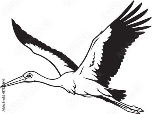 Black and White Flying Stork Line Art Vector Illustration