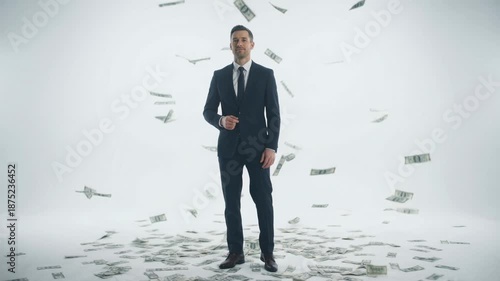 Businessman with money rain, successful entrepreneur celebrating wealth, dollars falling around confident man in suit.