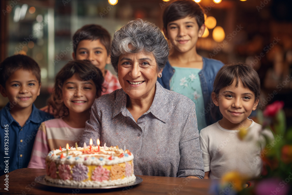 Fototapeta premium Elderly Hispanic woman celebrating birthday with grandchildren