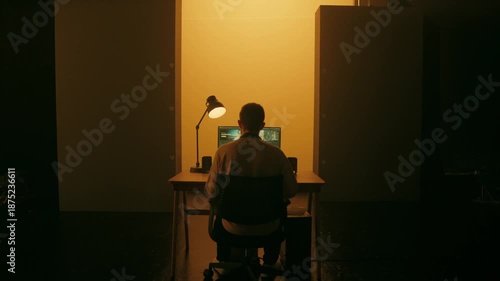 Person working on computer at desk in dimly lit room with warm glow from lamp