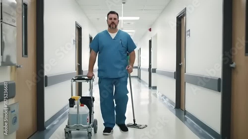 Hospital worker cleaning hallway floor.