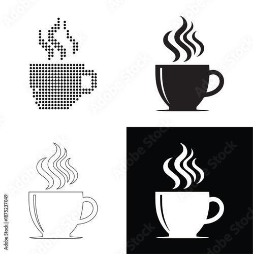 Collection of steaming coffee cups in different styles, symbolizing warmth and beverage enjoyment.