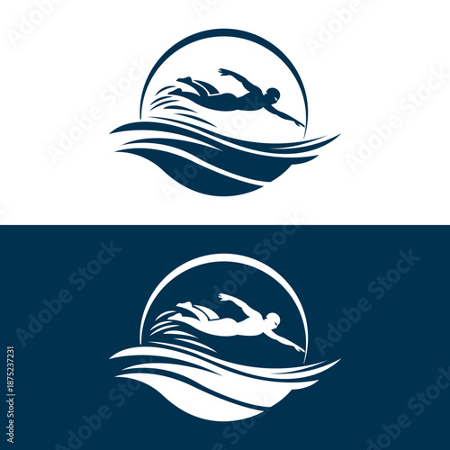 Professional swimmer athlete silhouette in water waves logo for sports club