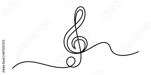 Simple continuous line art drawing of a treble clef musical note on a white background Vector, illustration