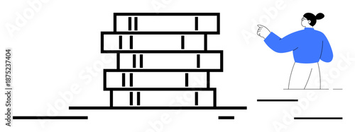 Business strategy, teamwork, problem solving, growth, leadership, education. Illustration of a woman pointing at stacked blocks. Business strategy and teamwork concept related to growth and planning