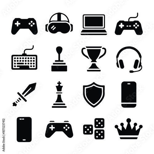 A set of gaming and technology icons in a flat minimal design
