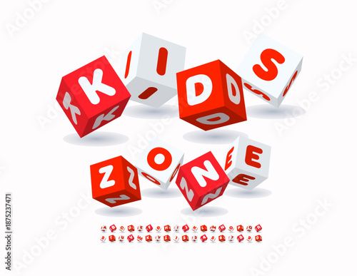 Vector Bright logo Kids Zone. Funny 3D Font for Logo Design and Branding. Children Block Alphabet Letters and Numbers set