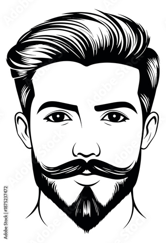 Hand drawn line art illustration of a man's head depicting a stylish haircut and beard for men's grooming