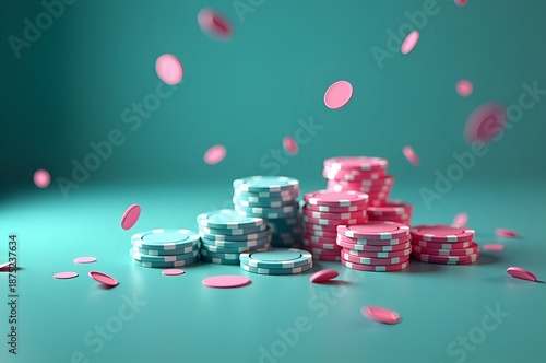 Stacked poker chips with falling tokens