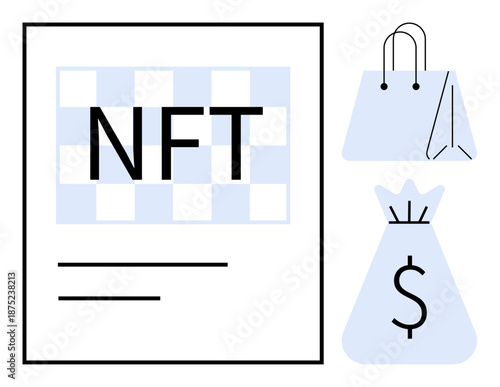 NFT text on blockchain document with a shopping bag and money sack icon illustrating digital transactions. Ideal for blockchain, e-commerce, investments, cryptocurrency, NFTs, finance, shopping