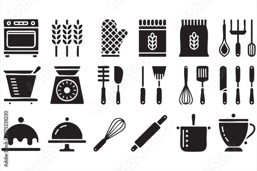 Kitchen utensil icons for recipe layouts, cooking blog branding systems