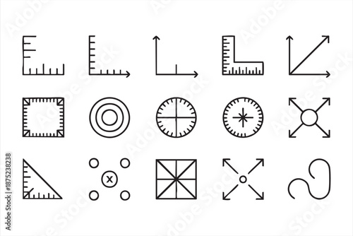 Drafting and dimension icons for blueprint diagrams and manuals