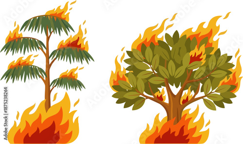 Burning Trees Cartoon Illustration – Forest Fire, Wildfire Danger and Climate Change Concept