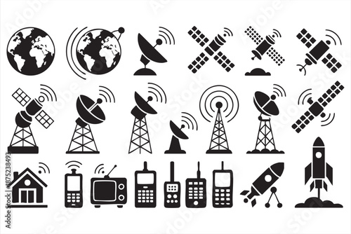Satellite telecom icons for wireless infrastructure marketing, broadcast design systems