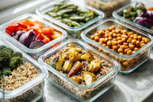 shot of clean modern kitchen counter with glass meal-prep containers being filled with quinoa, roasted vegetables and chickpeas