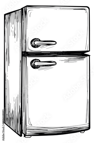 Hand drawn line art illustration of a retro refrigerator depicting a vintage kitchen appliance for domestic food storage