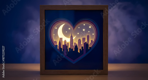 Heart shaped silhouette of city skyline with moon and stars against a backdrop of clouds, framed art piece