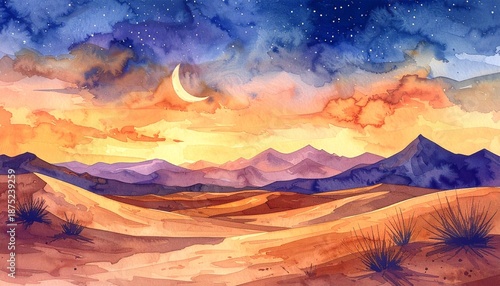 Watercolor desert panorama landscape at dusk with moon
