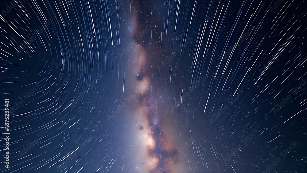 Fototapeta premium milkyway. Star trails converging into a radiant point, piercing through the Milky Way in long exposure. travel magazines, destination branding, designed for outdoor magazines and nature guides. 