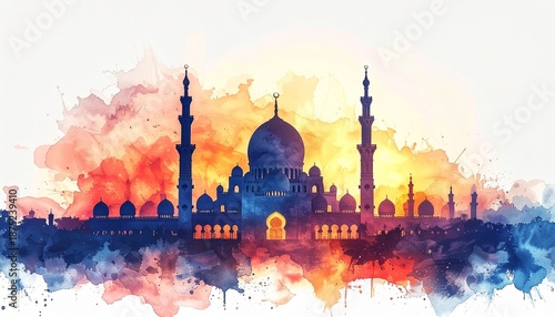 Eatercolor silhouette of mosque, calm Ramadhan atmosphere, isolated white background