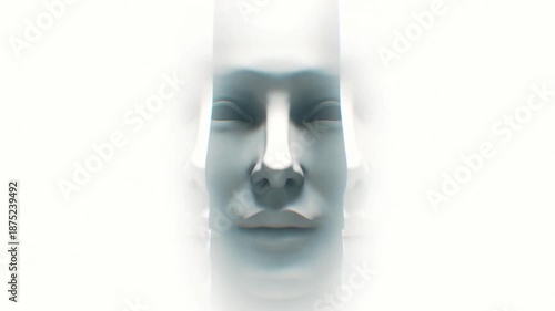Blurry close-up portrait of a face with closed eyes on a white background
