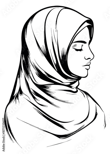 Hand drawn line art illustration of a woman wearing a hijab depicting a peaceful expression for cultural and spiritual concepts