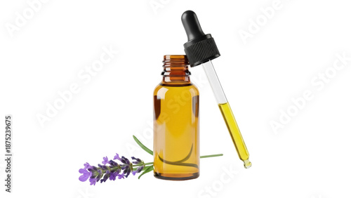 Bilde på lerret Amber bottle with dropper and lavender isolated PNG on transparent background, a