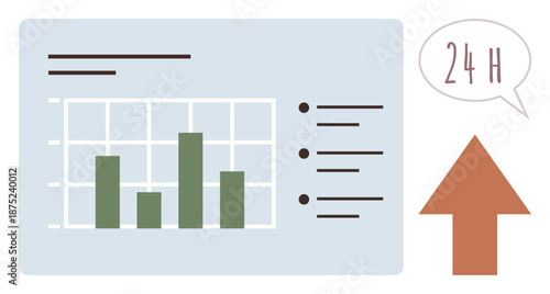 Business analysis, progress tracking, data reporting, time management, information systems, productivity. Bar chart on a grid with an upward arrow and 24-hour time speech bubble. Business analysis