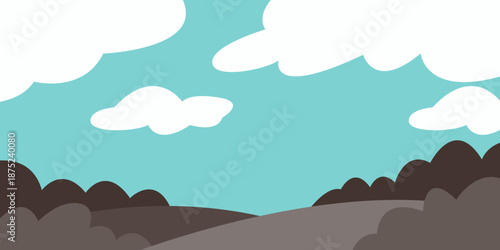Spring meadow landscape with blue sky in modern minimalist vector illustration