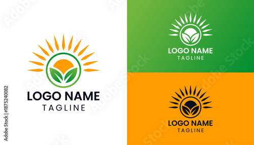 Agriculture farmer logo with garden sun and leaf in modern minimalist vector illustration