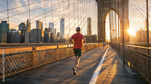 Jogger Running on Brooklyn Bridge at Sunrise