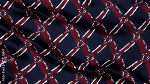Elegant Diagonal Red and White Checkered Pattern on Blue Fabric Background