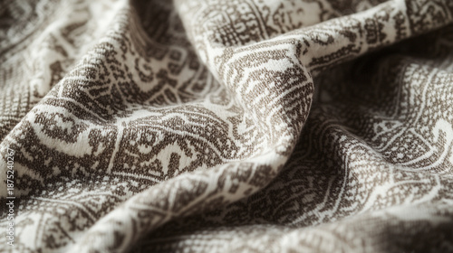 Close-Up of Soft Beige and Brown Ornamental Fabric with Intricate Vintage Ethnic Pattern and Texture