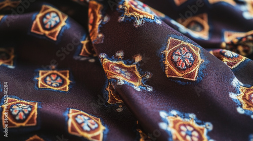 Close-Up of Silk Fabric with Ornate Embroidery in Deep Burgundy and Gold Colors