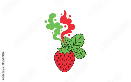 Red strawberry with green leaves and steam