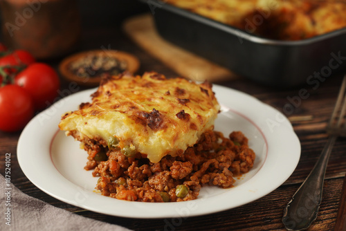 A shepherd's pie, freshly backed and ready to be served. Traditional English dish	