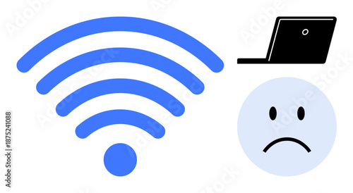 Internet connection issue. wireless signal with laptop and sad face depicts challenges in connectivity. Internet glitches and network frustrations. For connectivity issues, tech apps