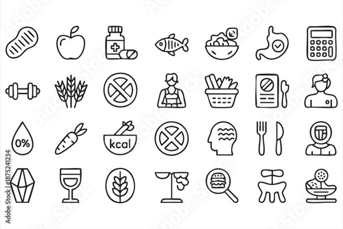 Healthy Meal and Weight Loss Line Icons for Wellness Dashboards