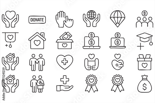 Donation Payment and Charity Support Outline Icons for Web Interfaces