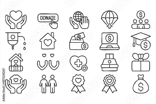Volunteer Support and Community Aid Outline Icons for Social Campaigns
