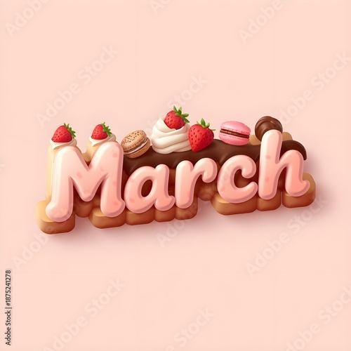 Wallpaper Mural A charming typography illustration spelling March using soft 3D dessert lettering made of cake, cream, and frosting. Designed in a cute and cozy bakery style with pastel colors and sweet decorations.  Torontodigital.ca