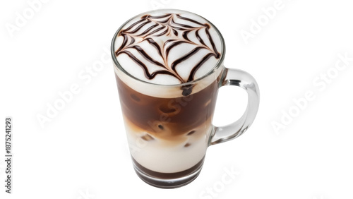 Slika na platnu Iced latte macchiato with chocolate drizzle isolated PNG, layered coffee drink o