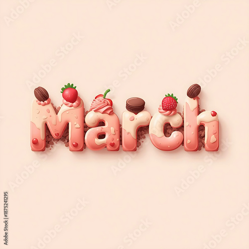 Wallpaper Mural Dessert typography illustration featuring the word March created with soft 3D cake, cream, frosting, and chocolate textures. Decorated with strawberries, cupcakes, and macarons in warm pastel tones Torontodigital.ca