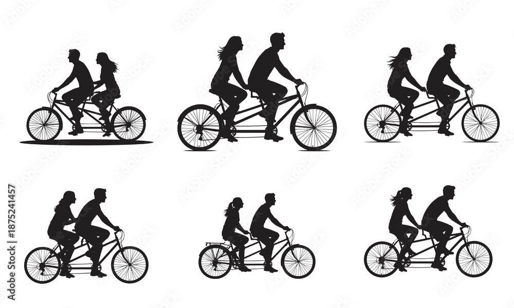 Fototapeta premium Silhouettes of couples riding tandem bicycles, conveying togetherness, shared journeys, and romantic outdoor activities, perfect for lifestyle.