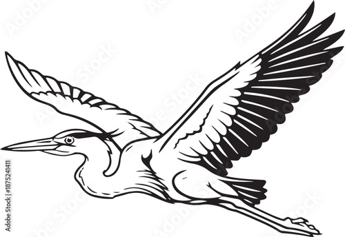 Black and White Flying Heron Line Art Vector Illustration